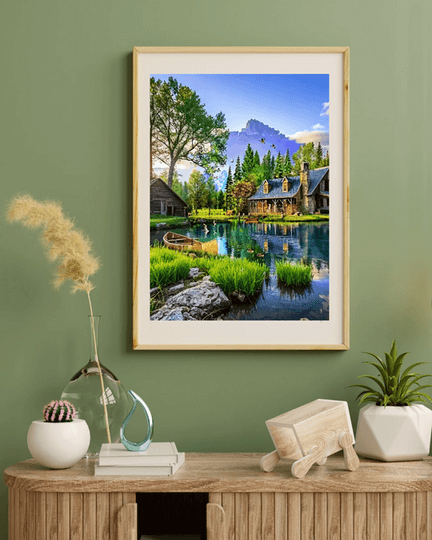 Pintura de diamante de cabaña junto al lago