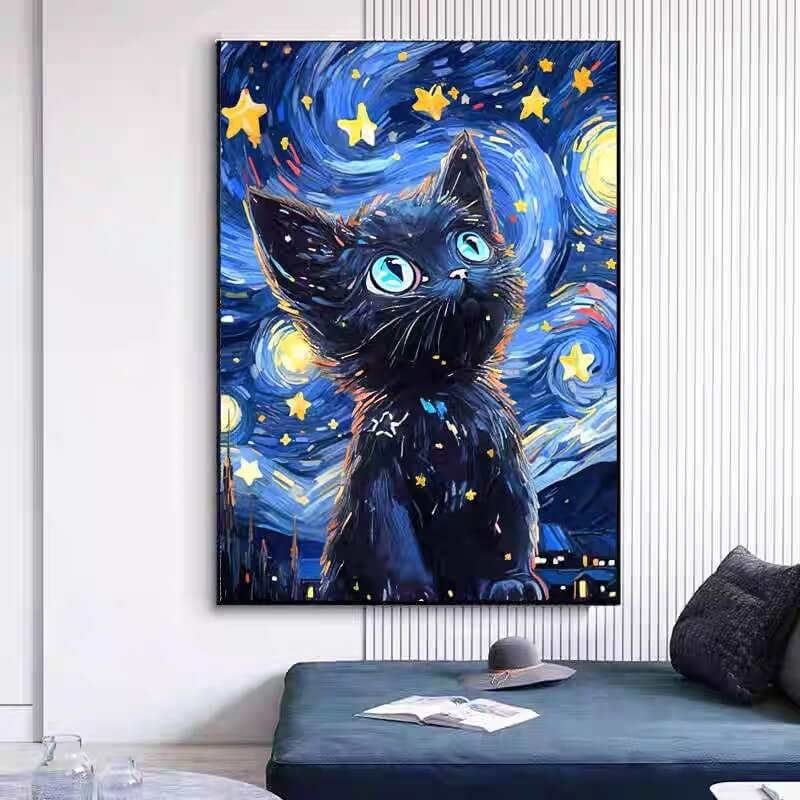 Pintura de diamante del gato de la noche estrellada de Van Gogh