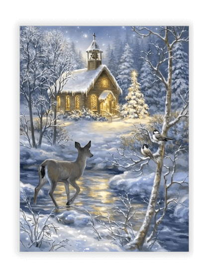 Pintura de diamante "Cabaña nevada y ciervo"