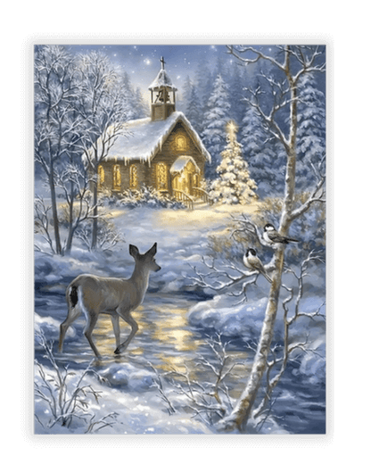 Pintura de diamante "Cabaña nevada y ciervo"