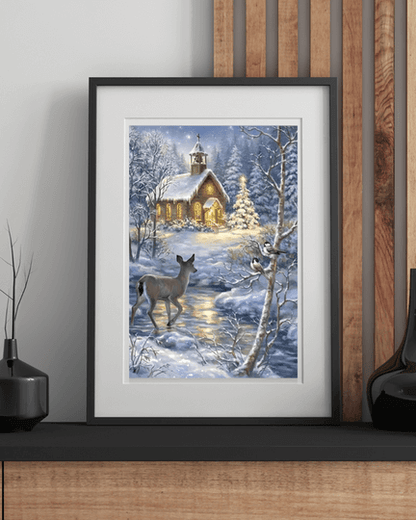 Pintura de diamante "Cabaña nevada y ciervo"