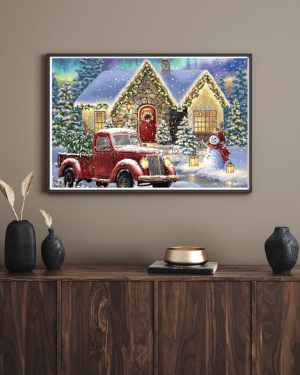 Pintura de diamante de cabaña nevada