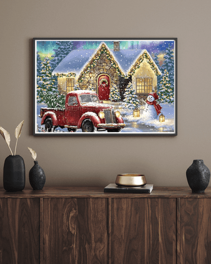 Pintura de diamante de cabaña nevada