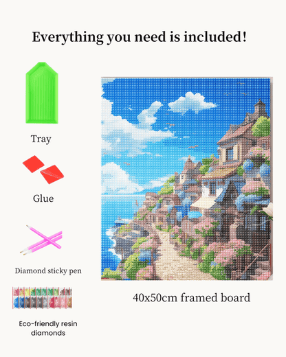 Pintura de diamante de un pueblo costero