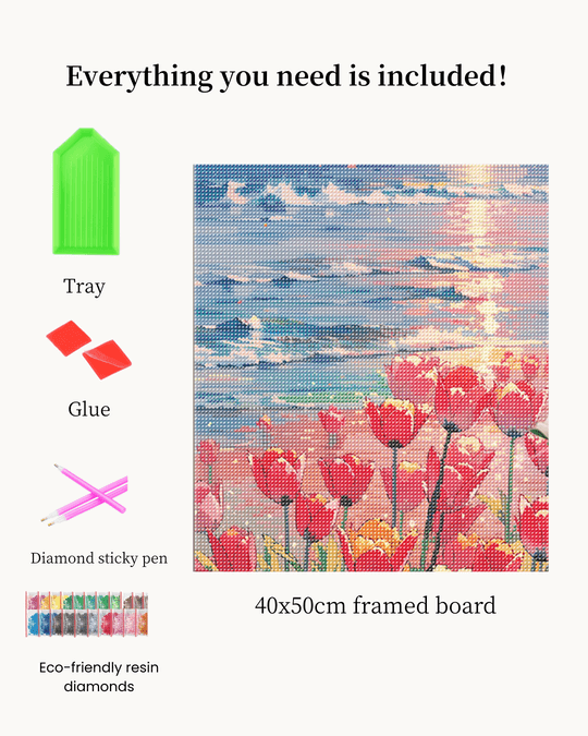 Pintura de diamantes con tulipanes junto al mar