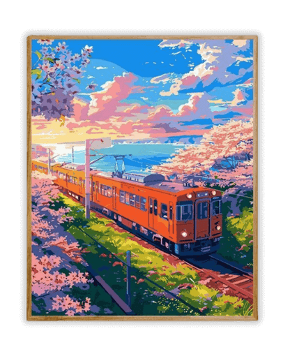 Pintura de diamantes con flores de cerezo y el monte Fuji