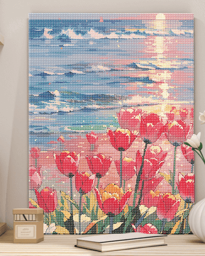 Pintura de diamantes con tulipanes junto al mar