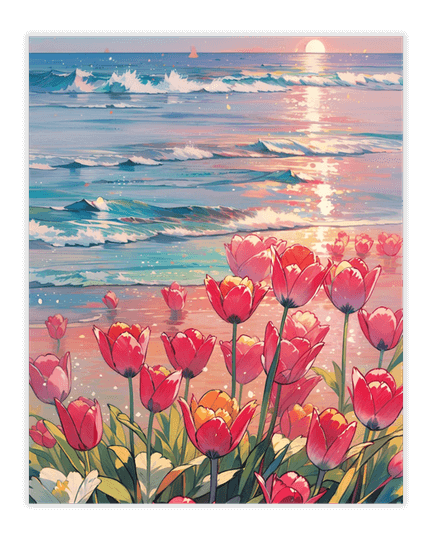 Pintura de diamantes con tulipanes junto al mar