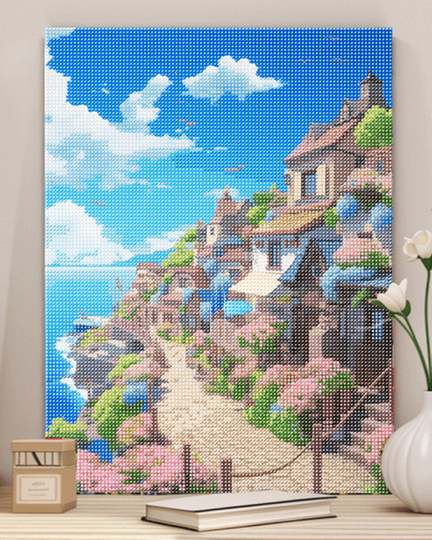 Pintura de diamante de un pueblo costero