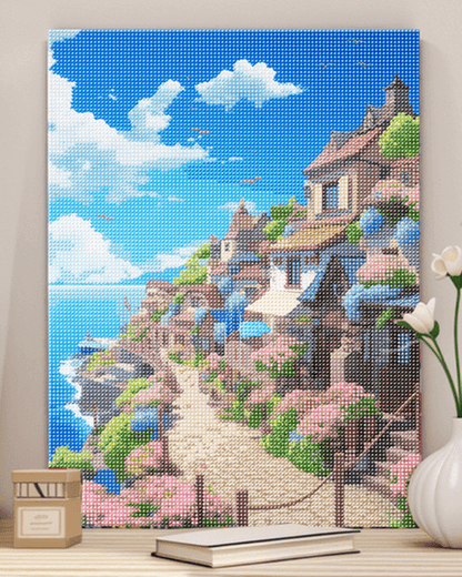 Pintura de diamante de un pueblo costero