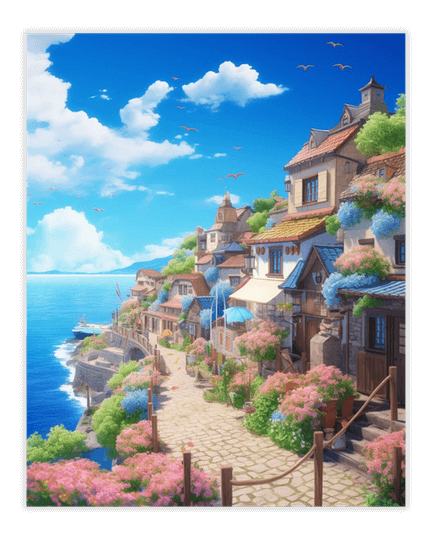 Pintura de diamante de un pueblo costero