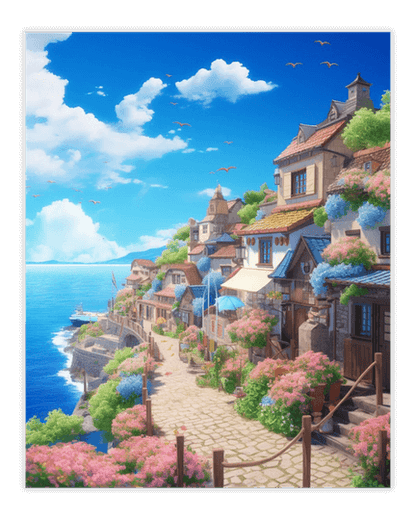 Pintura de diamante de un pueblo costero